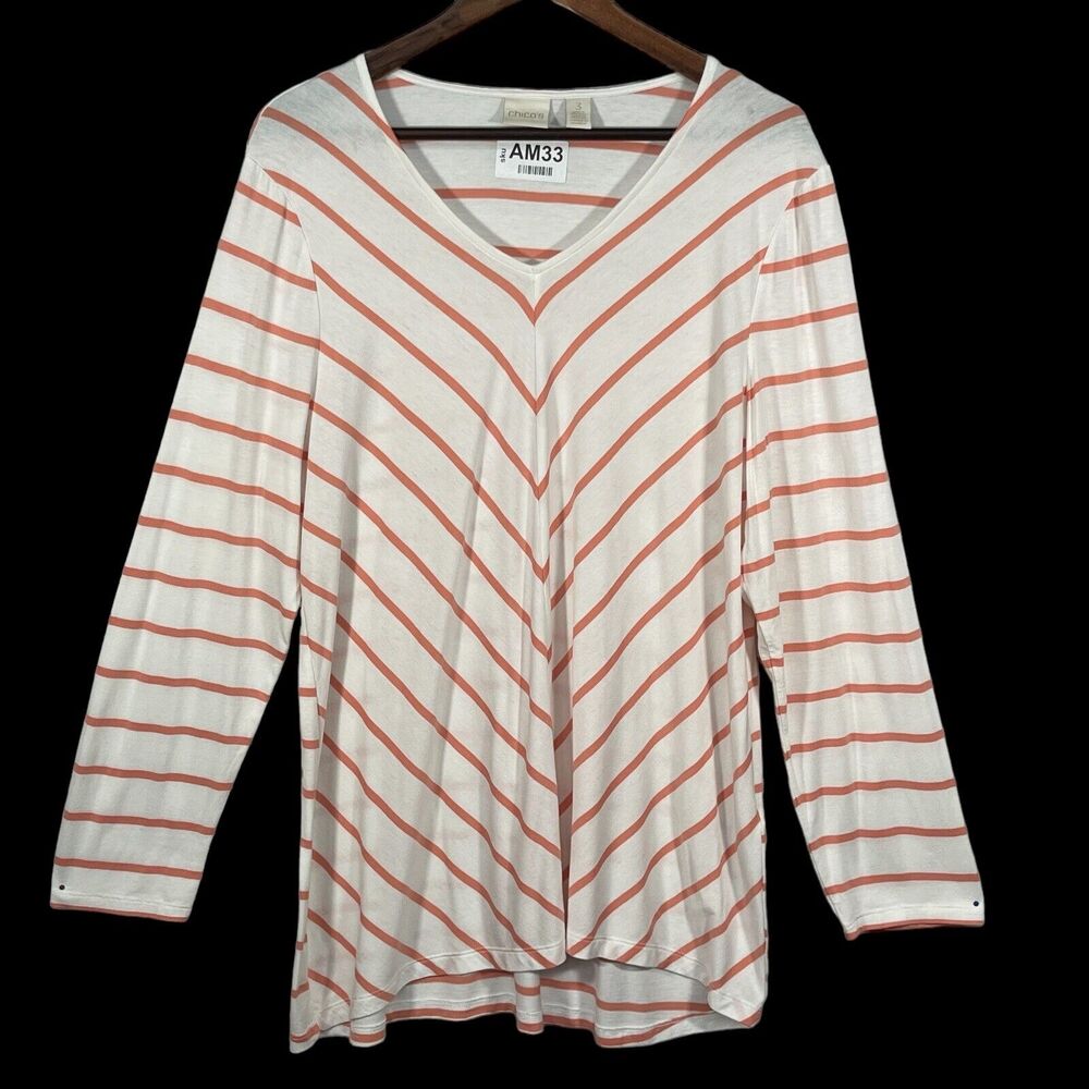 Chico's Blouse Top Women Size XL/16 (3) Beige Orange Striped Tunic Long‎ Sleeve